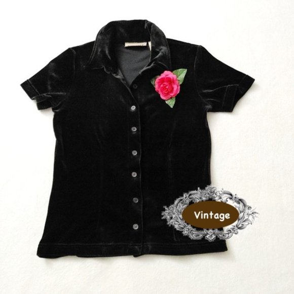 ENERGIE Black Velvet Shirt Stretchable Short Sleeves Button Front Collar Size M - Picture 2 of 13
